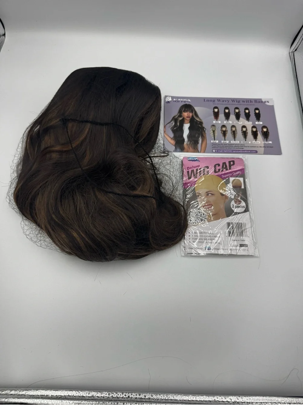 New Dark Brown Highlighted Long Wavy Wig with Bangs + Wig Cap